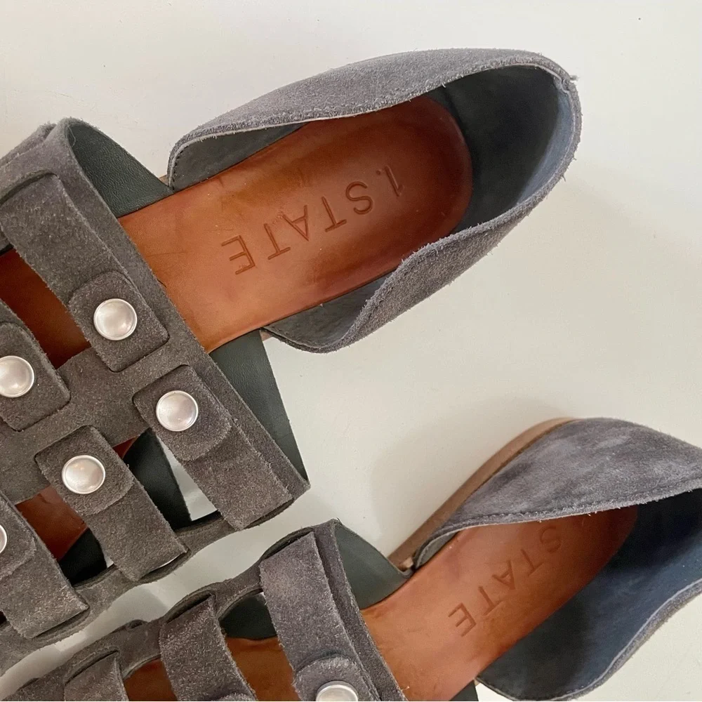 1. STATE Telle Grey Leather Studded Strappy Sandals